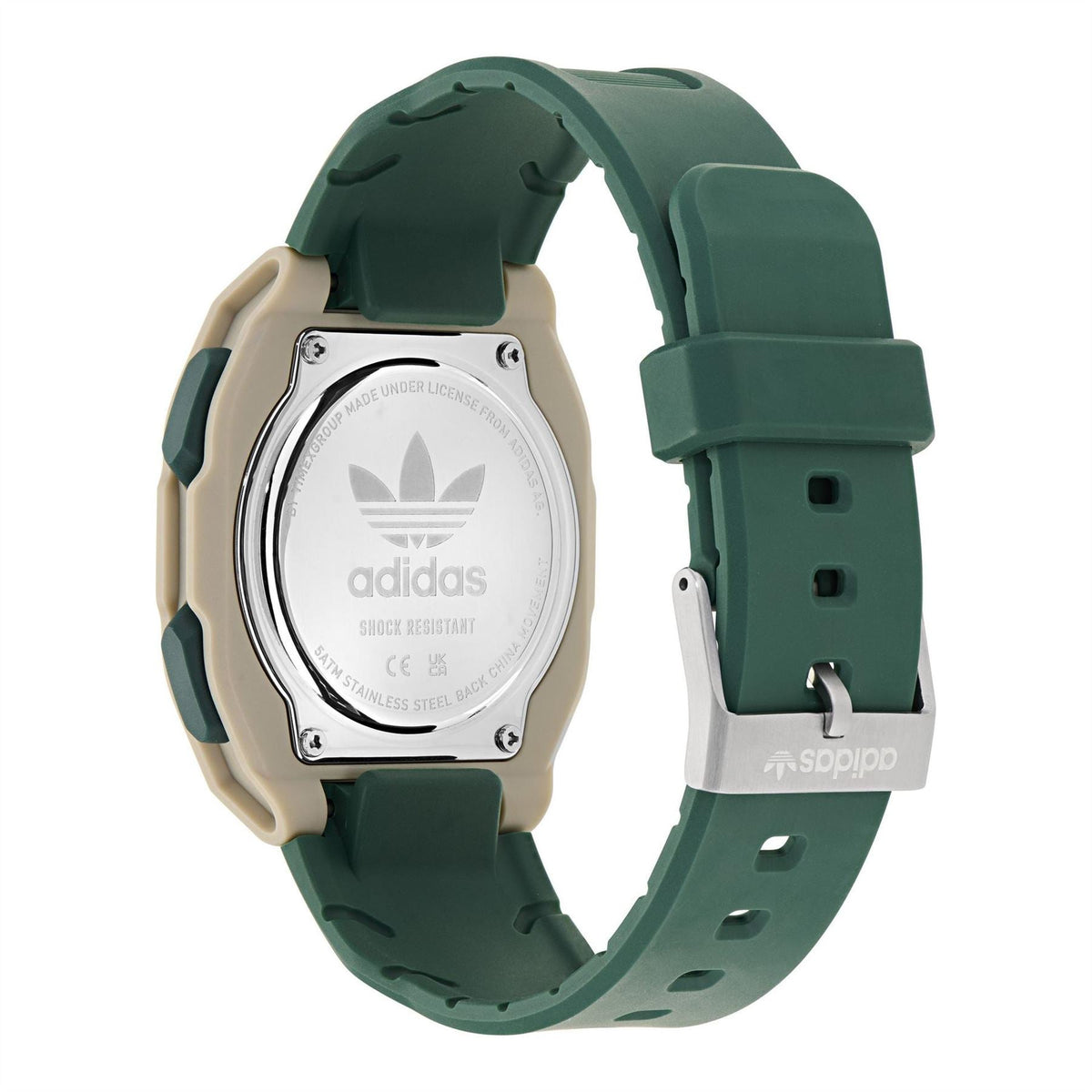adidas Originals watch backplate with adidas logo and green resin strap