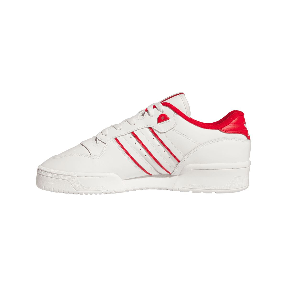 White low-top lace-up shoe with red side stripes and red-trimmed heel.