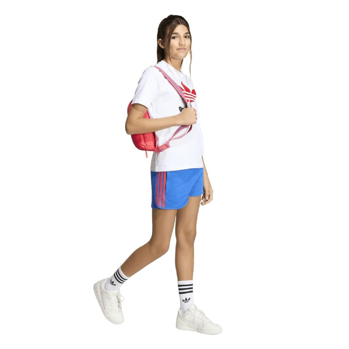 Blue shorts with adidas Originals trefoil logo and red Three Stripes side stripes
