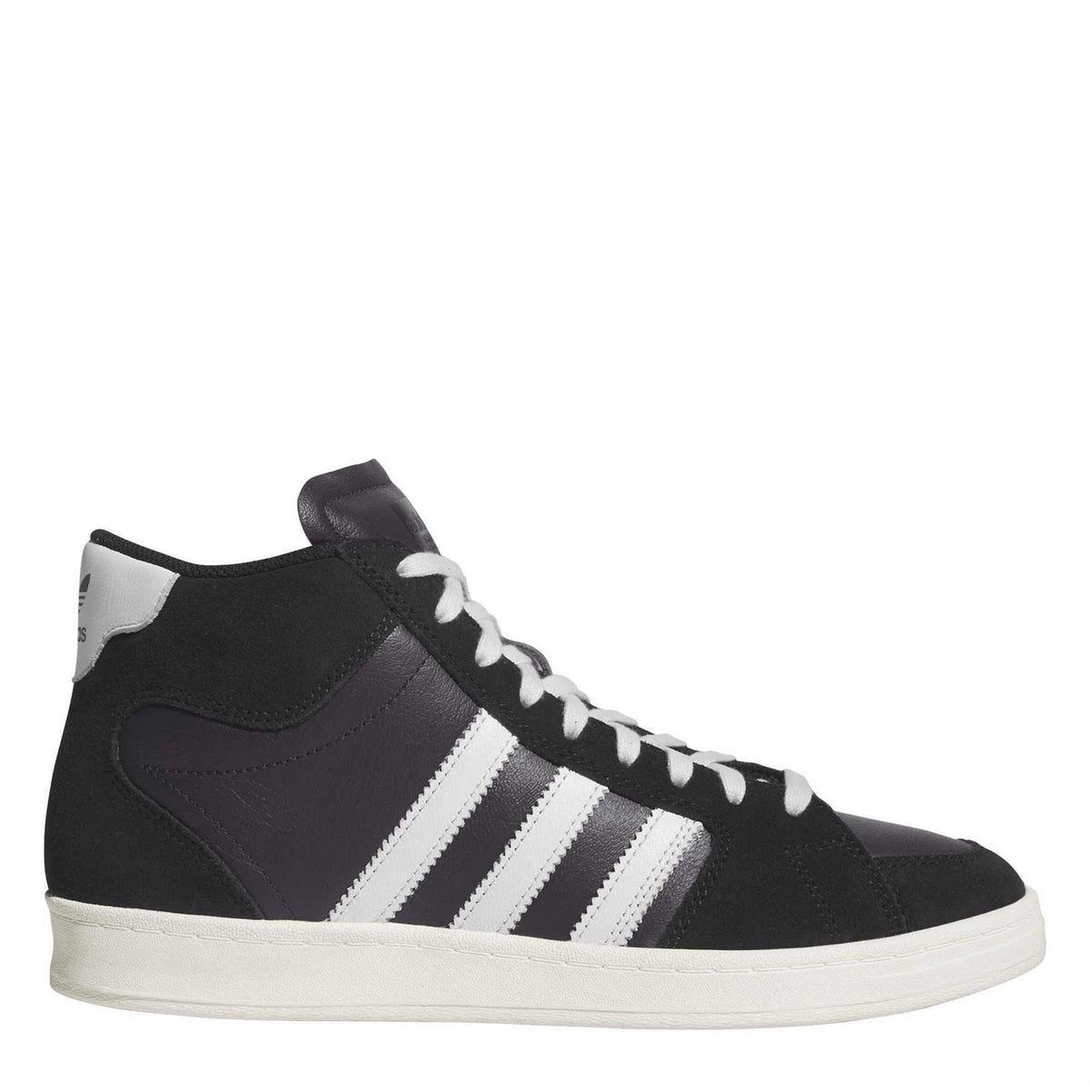 Black mid-top sneakers with white adidas stripes and lace-up front