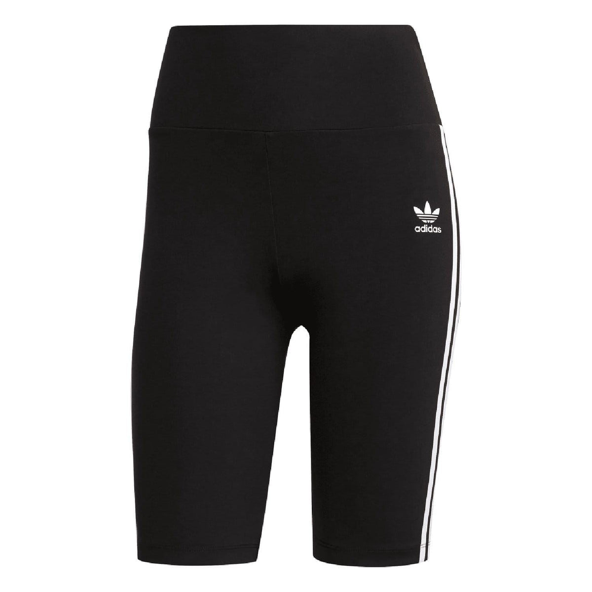 Black high-waisted short tights with adidas logo and white side stripe on thigh