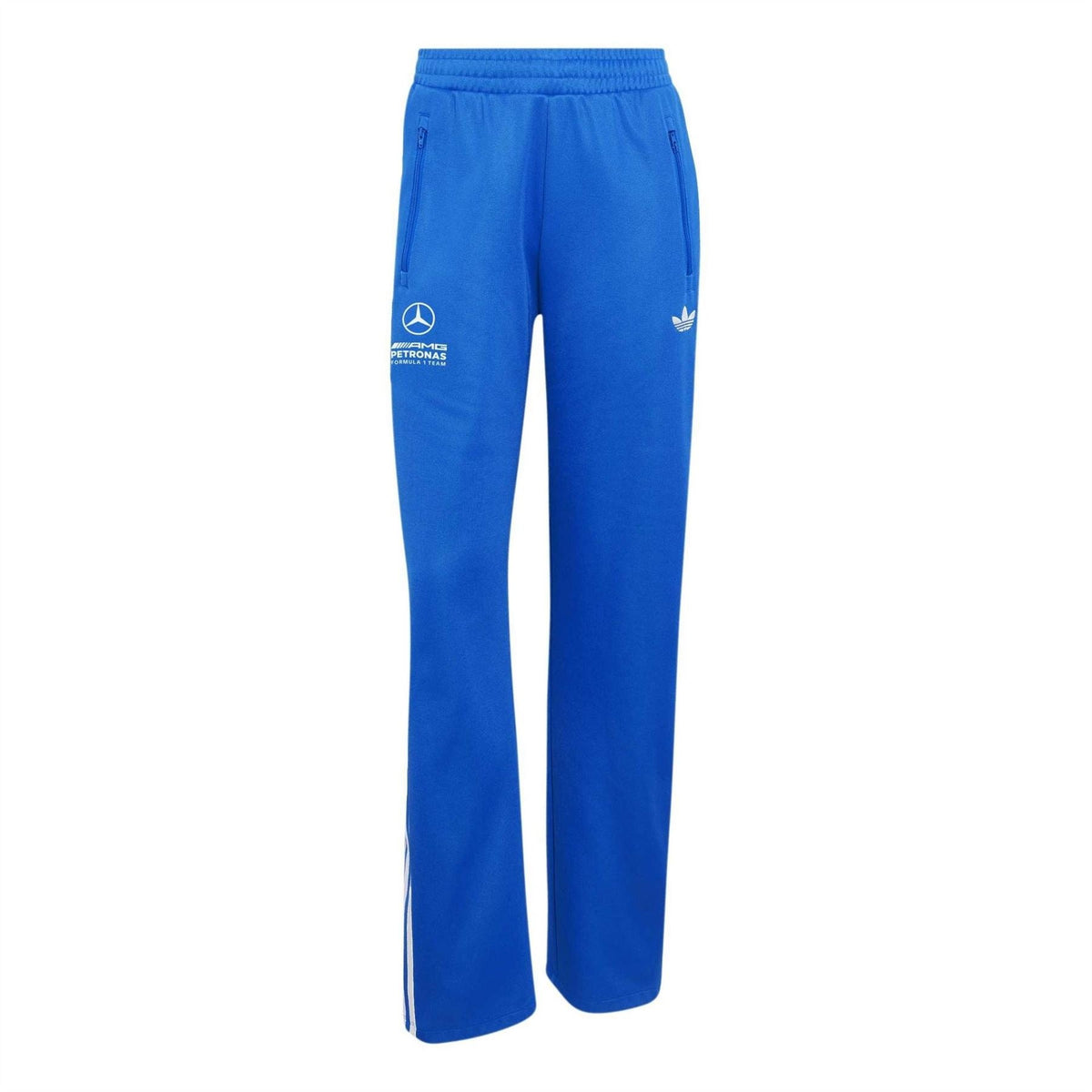 Blue adidas track pants with white side stripes and Mercedes Petronas logos.