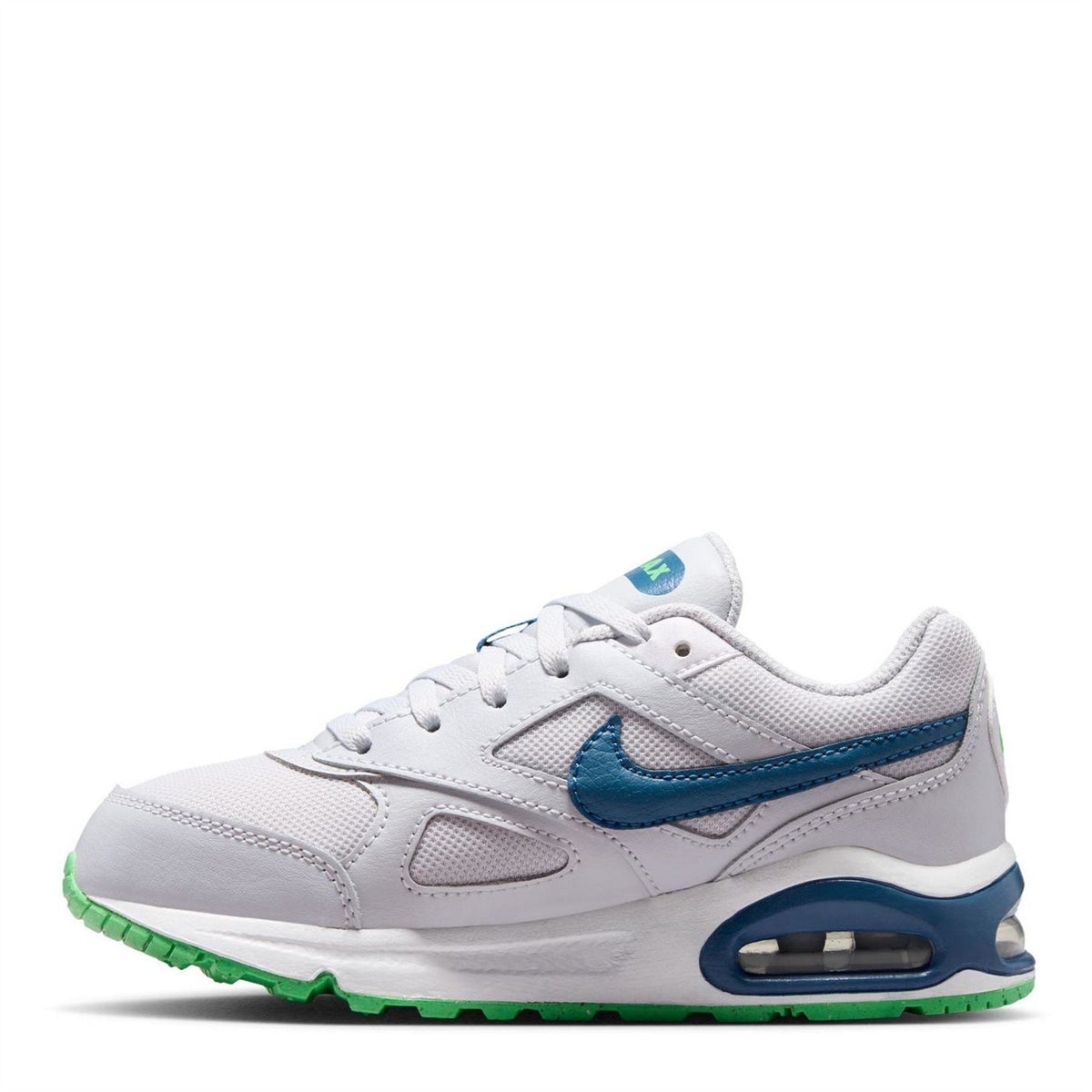 Nike Air Max Ivo kids' trainers in white with blue accents and green outsole edge, lace-up