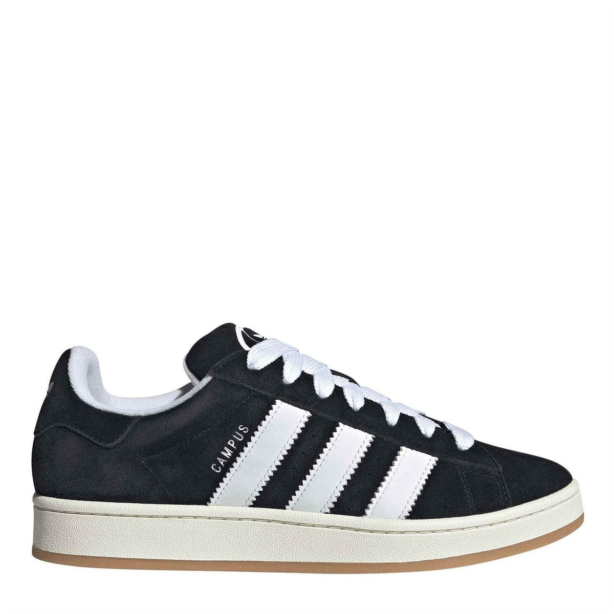 Black suede adidas Originals sneakers, angled side profile with white stripes and lace-up
