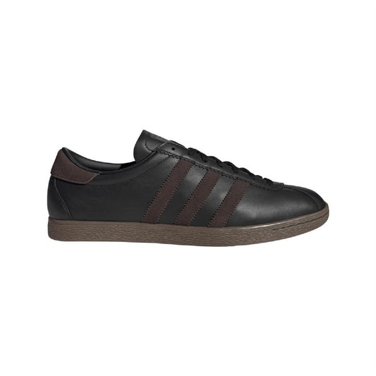 adidas Originals low-top trainers, black leather with brown three stripes and gum sole