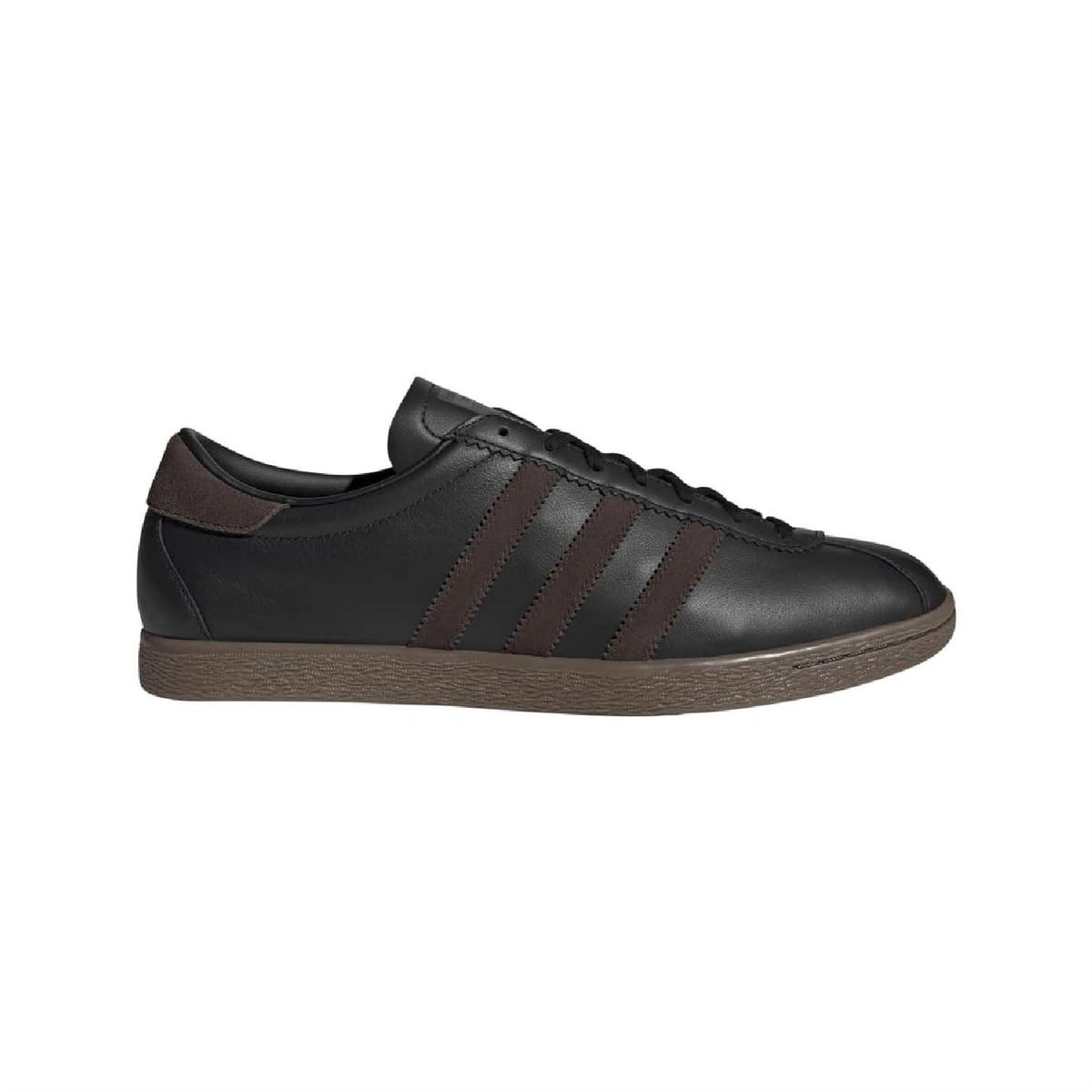 Low-top sneaker: black leather, dark brown three stripes, brown rubber sole