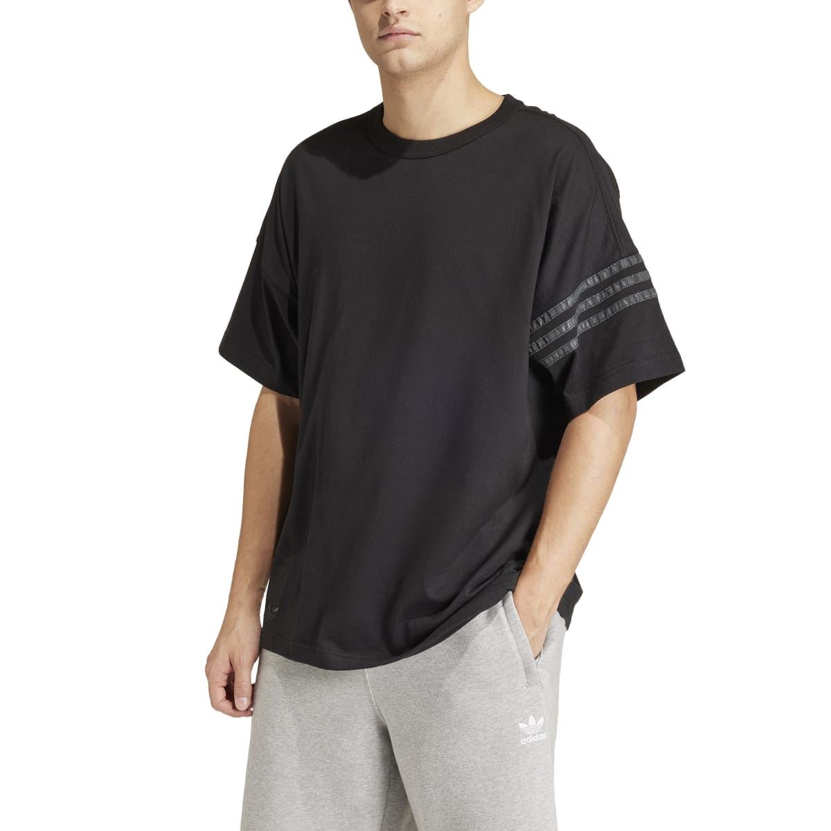 Black crew-neck T-shirt with bold striped graphic on right sleeve