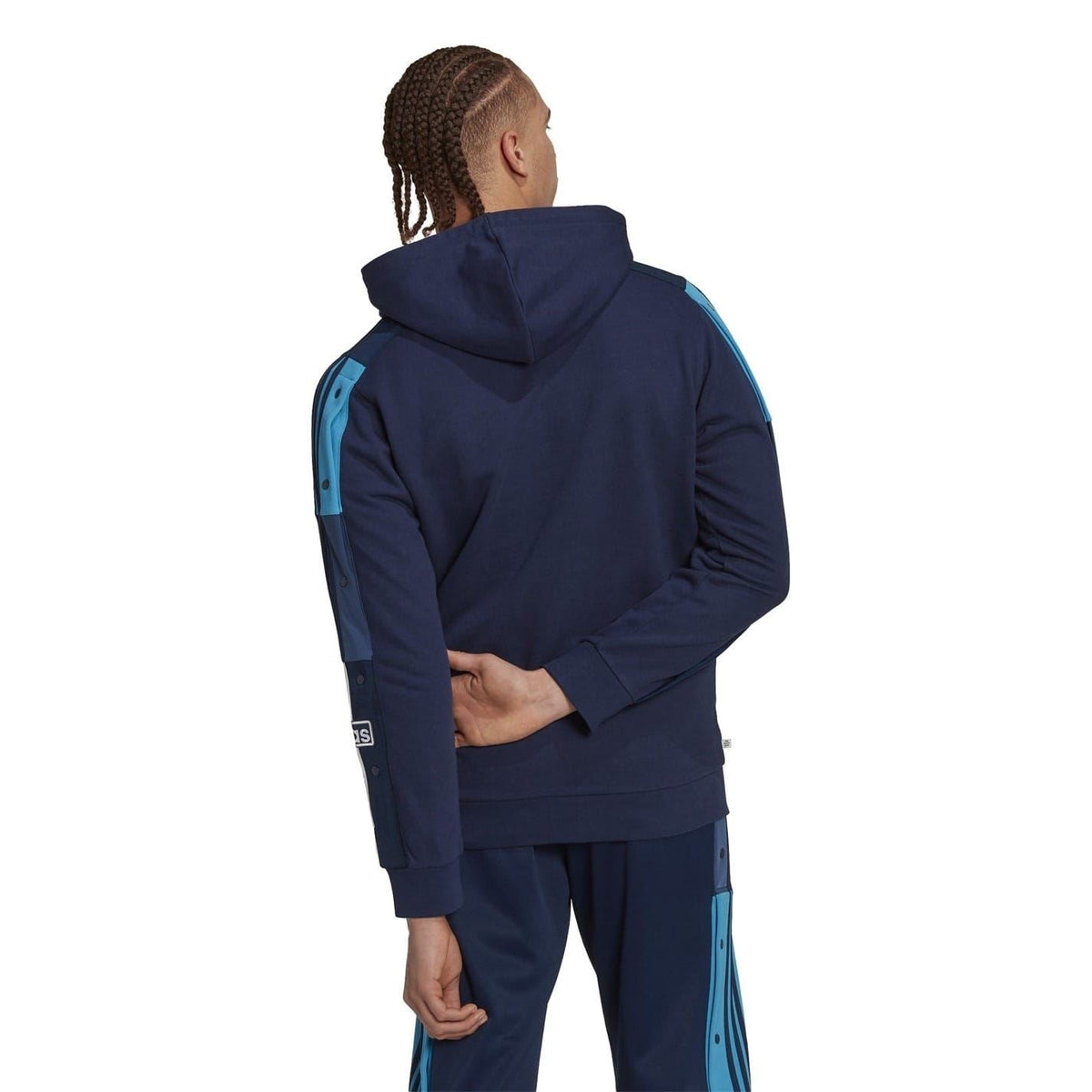 Navy hooded sweatshirt with back view, light-blue sleeve stripes, and kangaroo pocket.