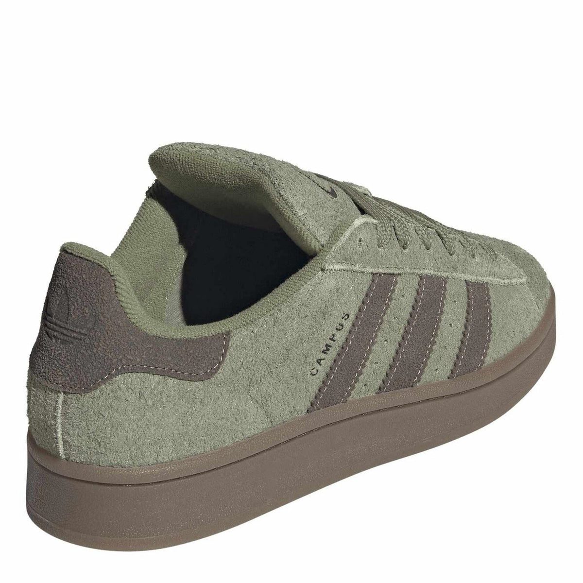 adidas Originals suede campus sneakers; olive green heel with dark collar lining and stripes