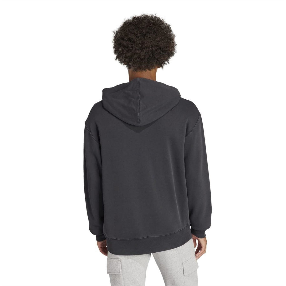 Black hoodie back view with hood and kangaroo pocket seam stitching
