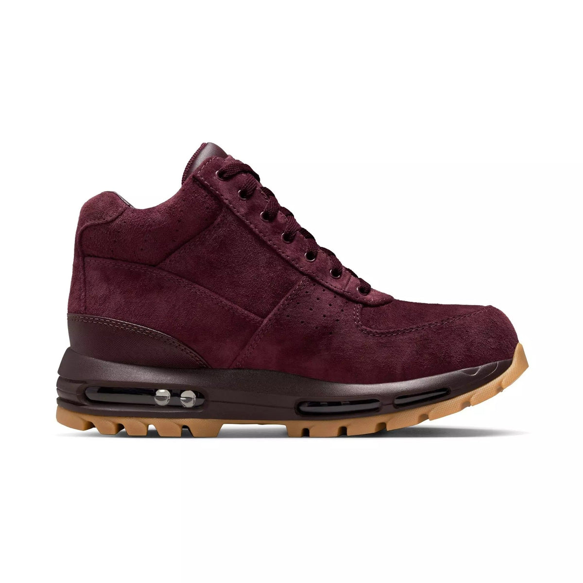 Burgundy suede lace-up sneaker with Air Max-style window and gum outsole, side view