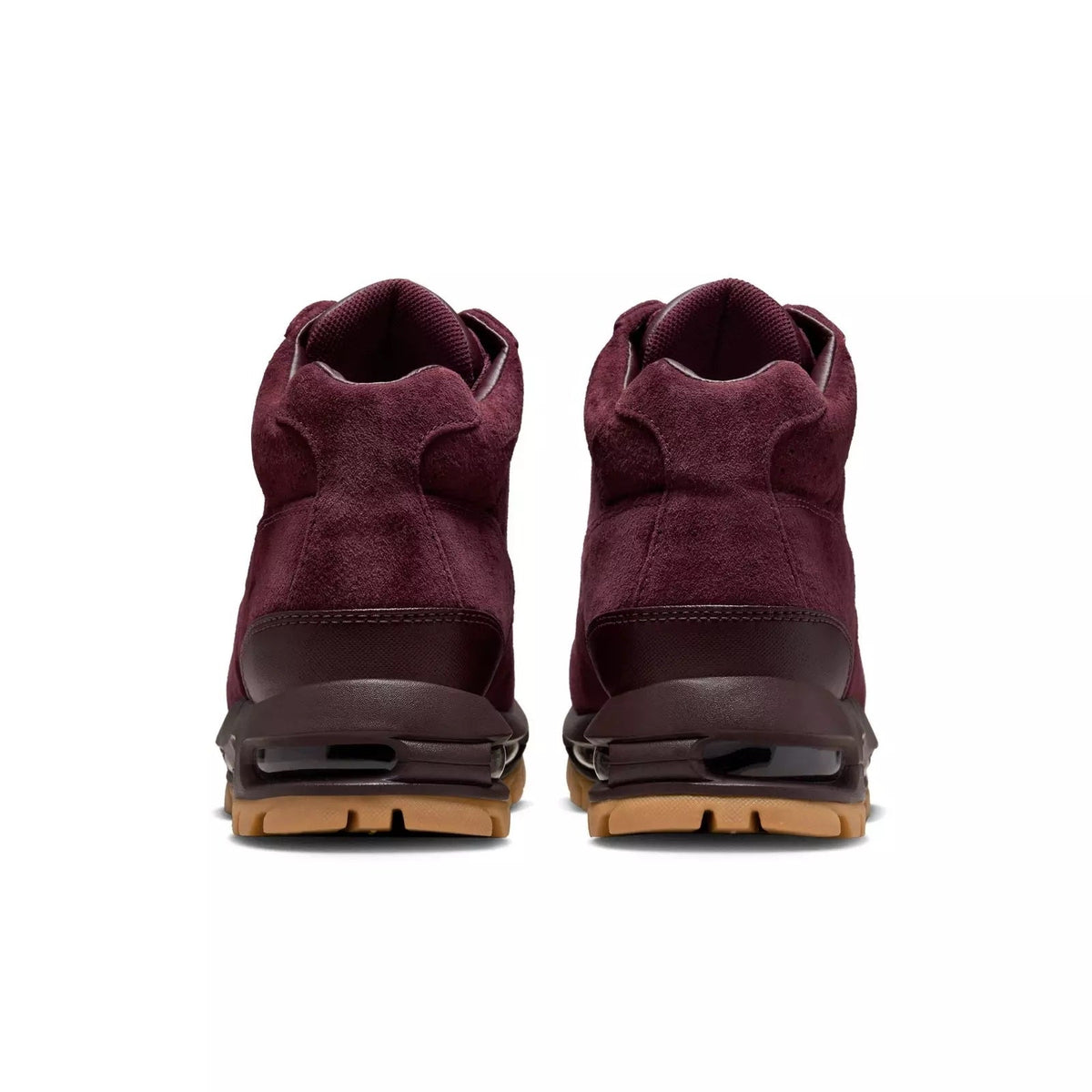Burgundy suede high-top sneakers, rear view with lace-up cuffs and gum outsoles