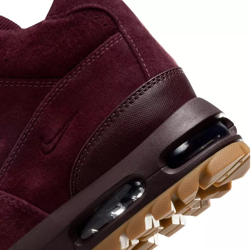 Burgundy suede heel detail with Air Max-style window and gum sole