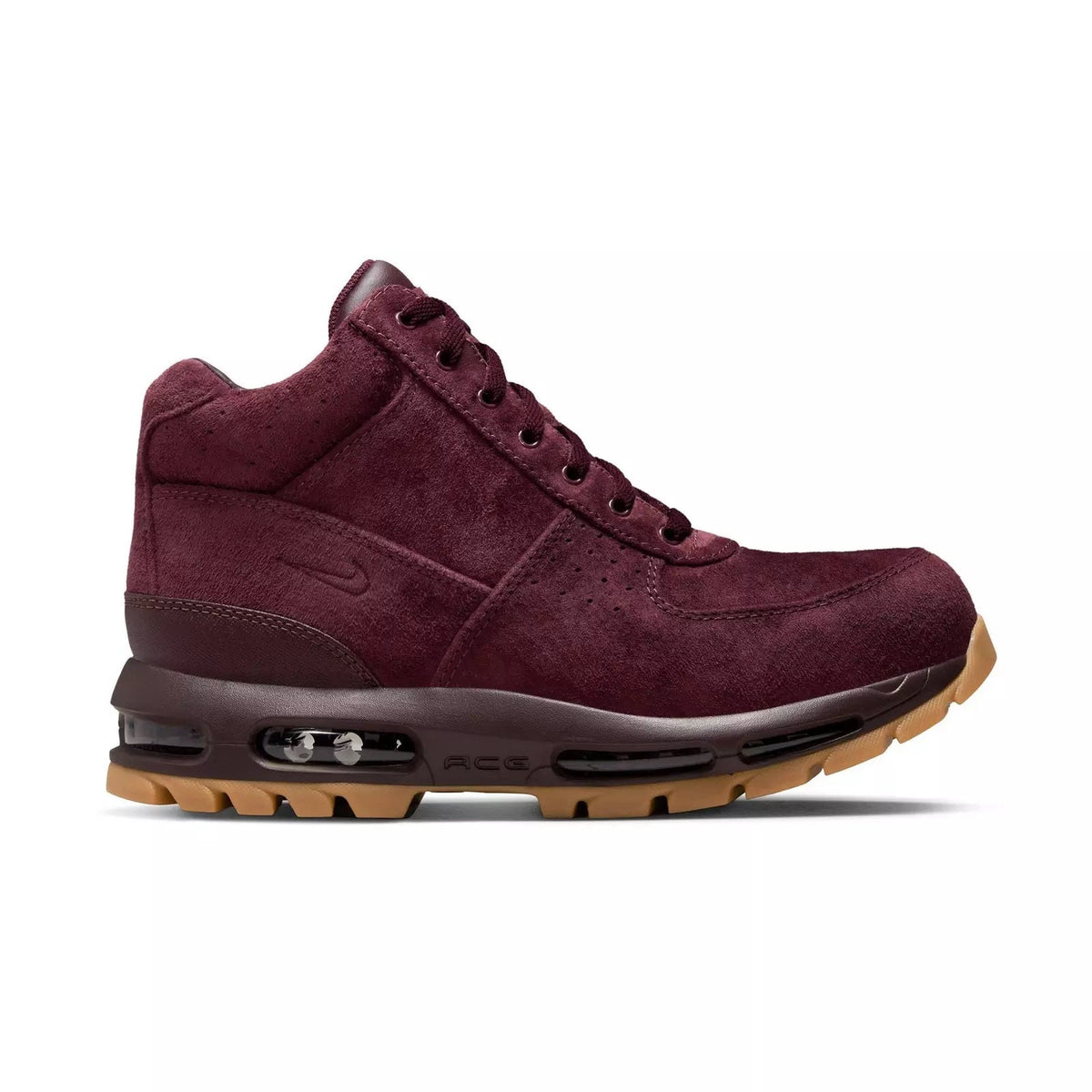 Men's burgundy suede lace-up sneaker with visible Air Max-style window and gum sole