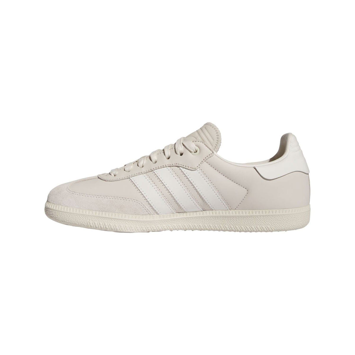 White low-top trainers, side view, with lace-up front and adidas-style stripes