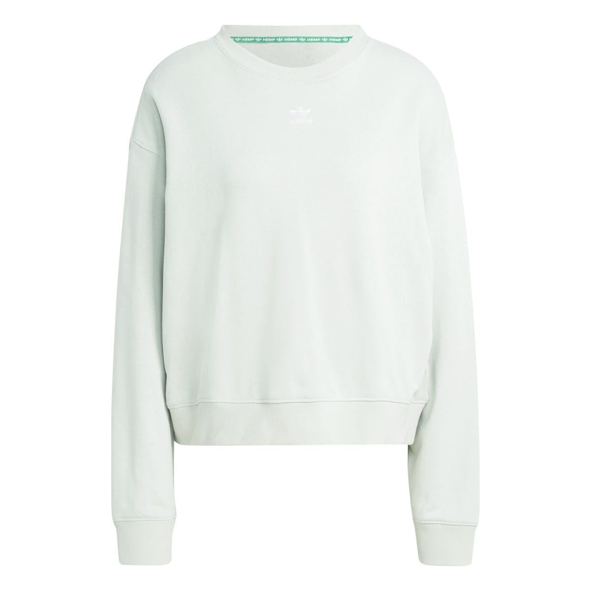 Women’s pale light green crewneck sweatshirt, front view with embroidered chest logo
