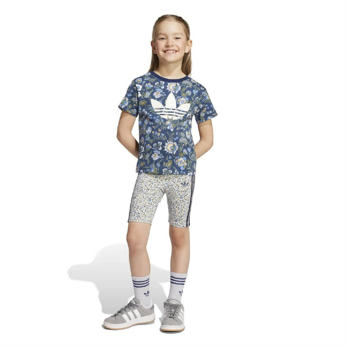Girls set: navy floral T-shirt with trefoil and patterned bike shorts