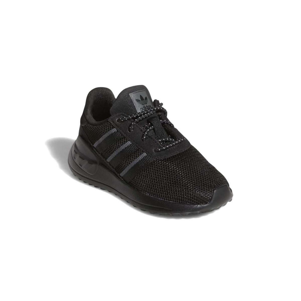 Infant trainers in black with grey stripes and adidas-style logo on side