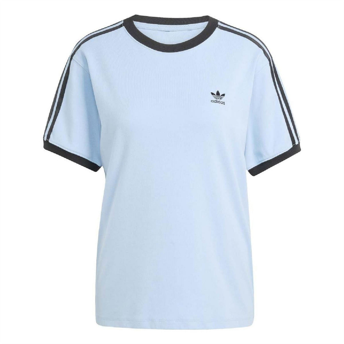adidas Originals crew neck T-shirt, ash blue jersey with black collar and 3-stripe trim