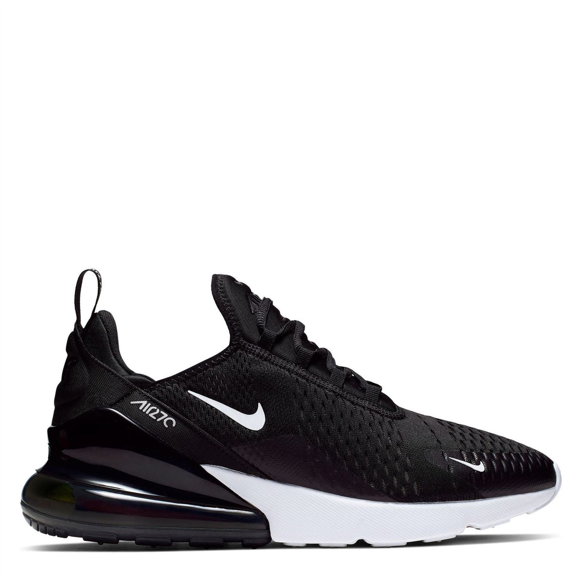 Nike Air Max 270 trainer in black with white midsole and small red accents