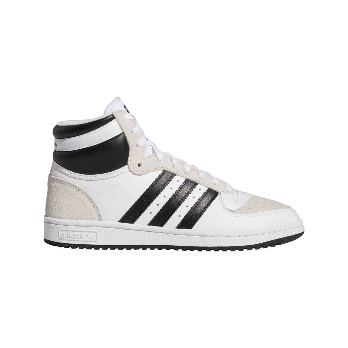White high-top sneakers with black three-stripe side panel and lace-up closure