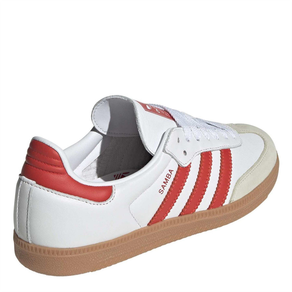 adidas Samba OG sneakers, heel view, white upper with red collar and gum sole