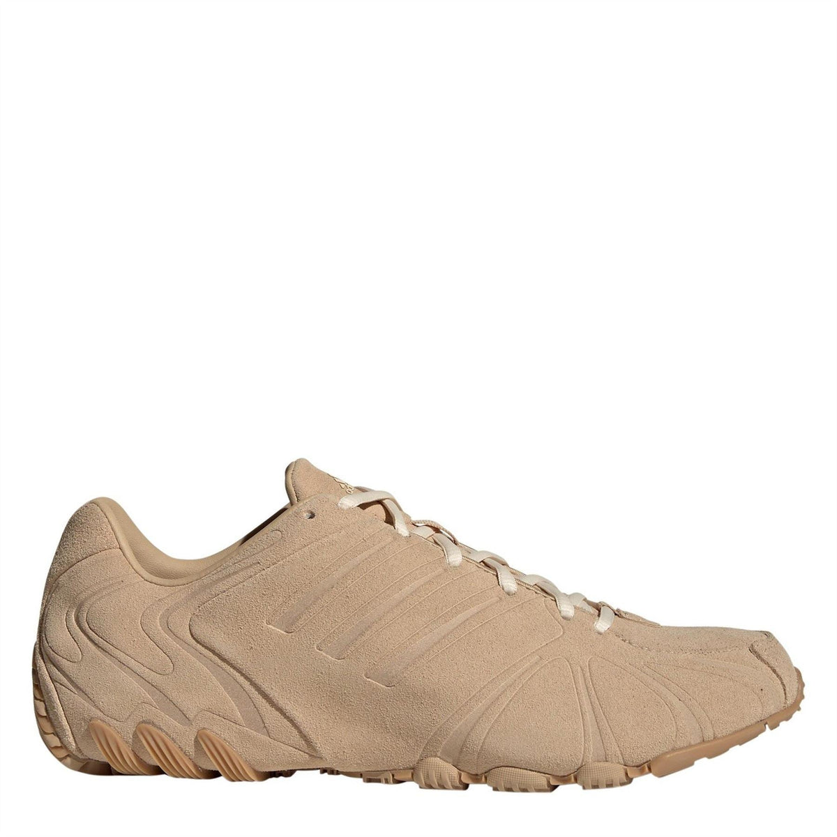Beige lace-up running shoe with textured upper and chunky rubber outsole