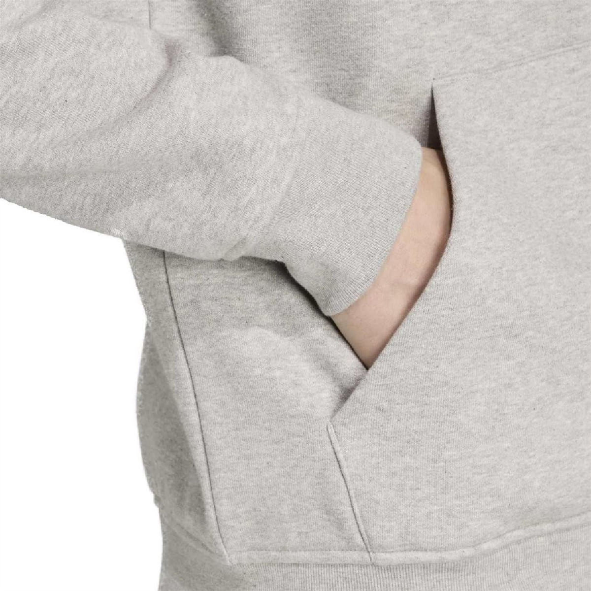 Light grey zip-up hoodie detail showing zip seams and kangaroo pocket