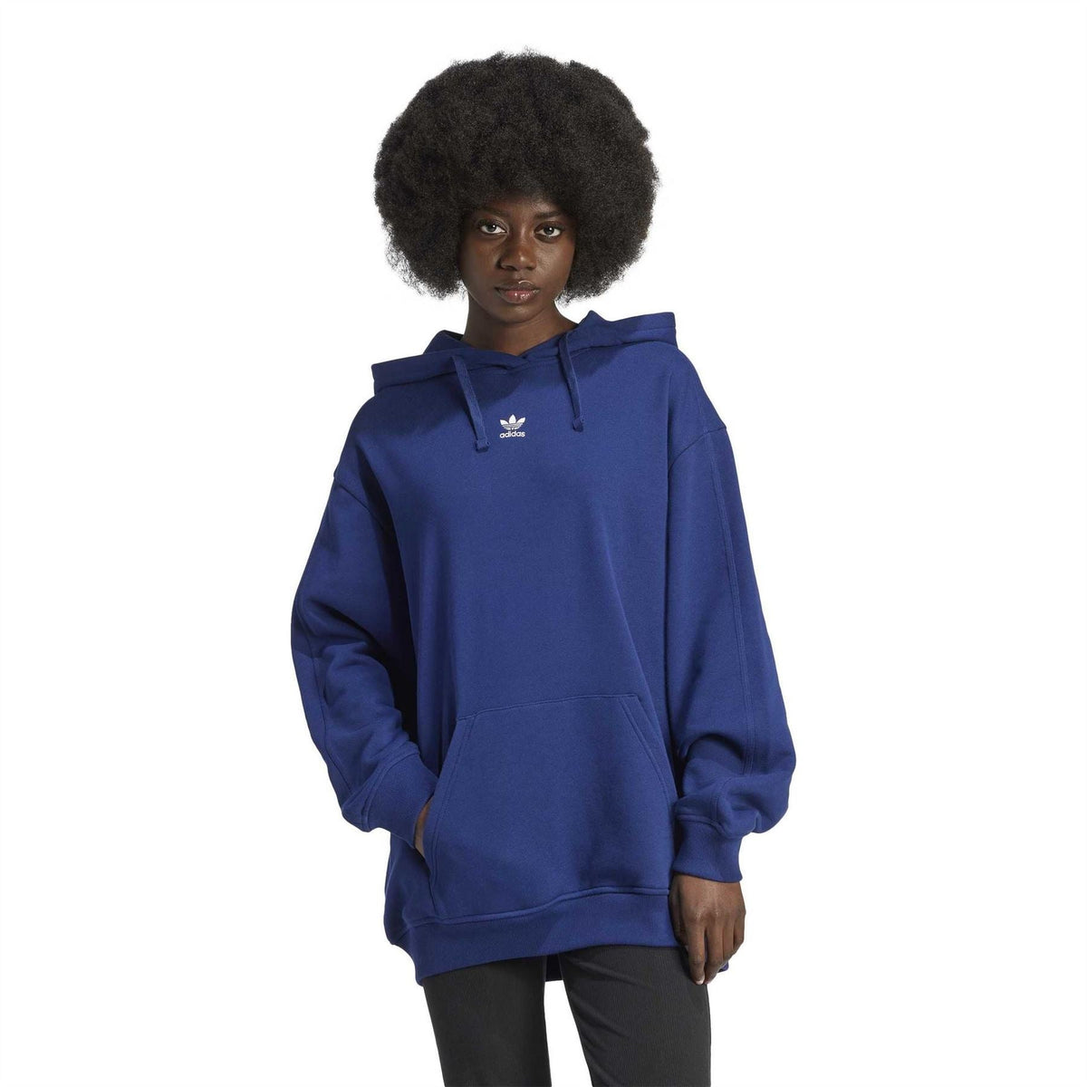 Dark blue hoodie with adidas logo on chest, worn with black pants
