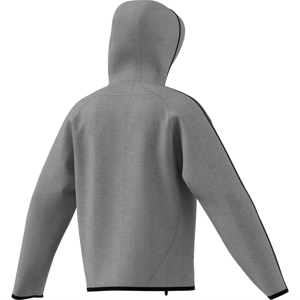 Grey heather zip-up hoodie from back view with hood and black trim stripes