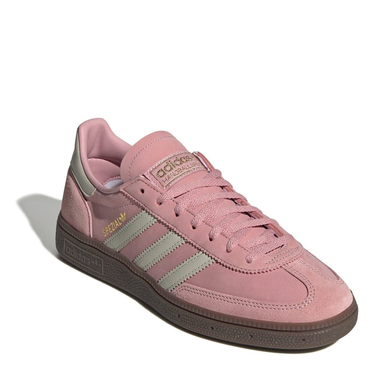 adidas Originals Handball Spezial shoes, pink suede with white stripes and maroon outsole
