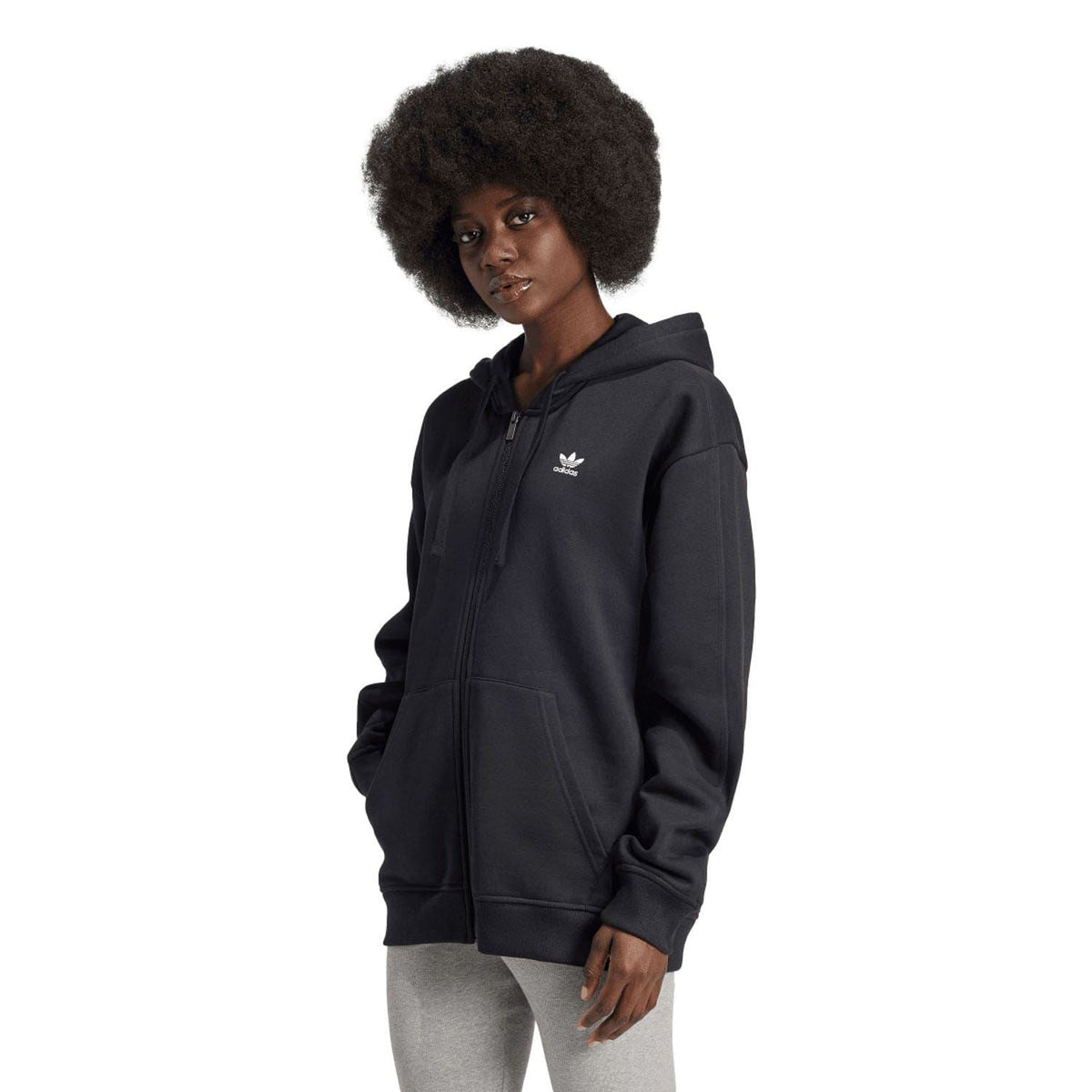 Black full-zip hoodie with hood, drawstrings, kangaroo pocket, adidas Originals logo