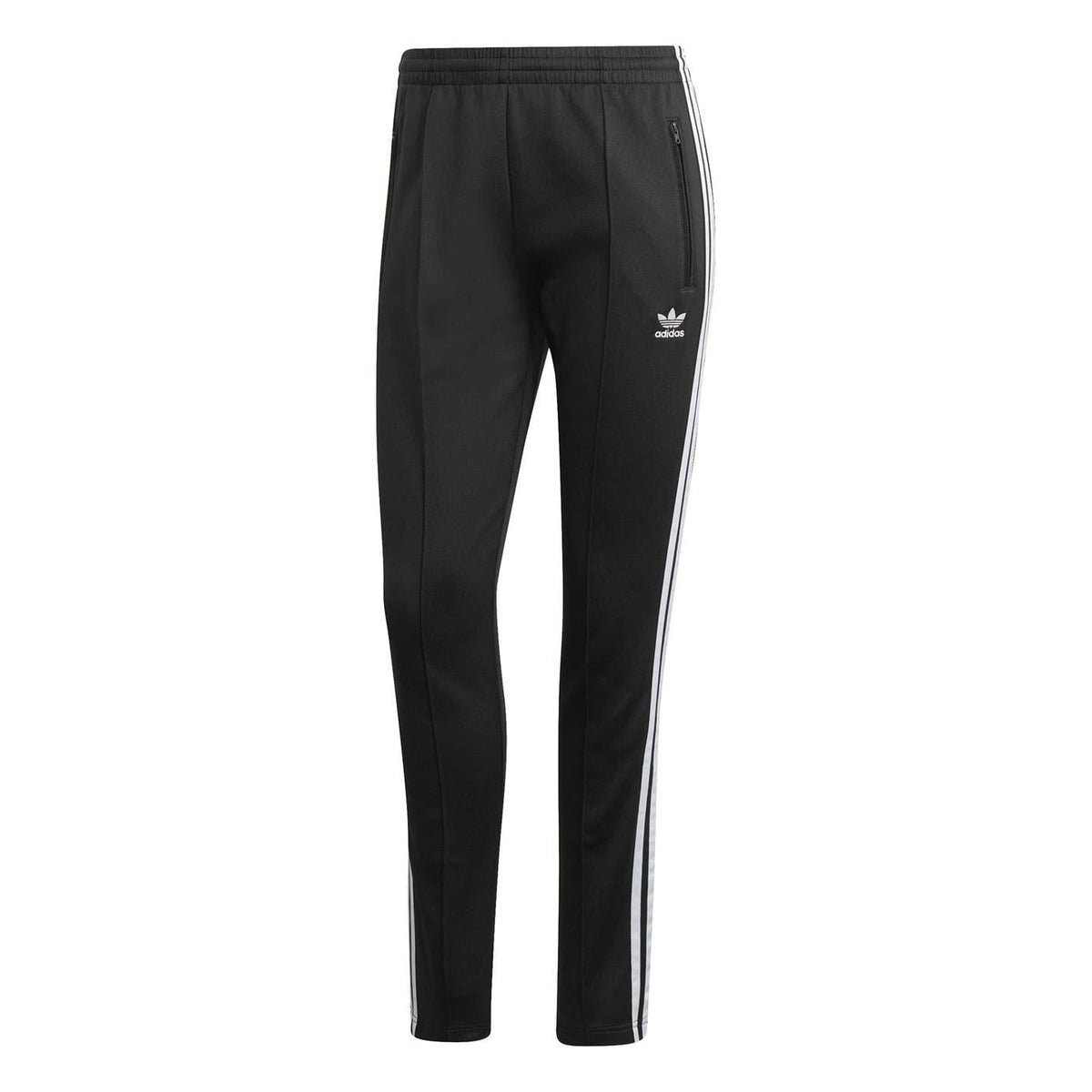 Black jogger pants with white side stripes, elastic waistband, and small adidas logo