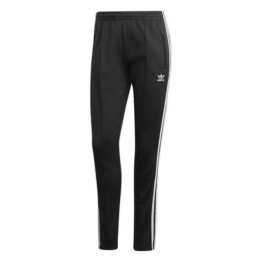 Black jogger pants with white side stripes, elastic waistband, and small adidas logo