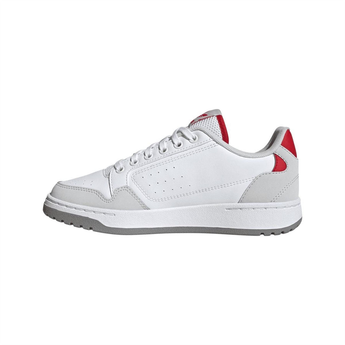 White low-top trainers with red heel tab and adidas logo detail; lace-up
