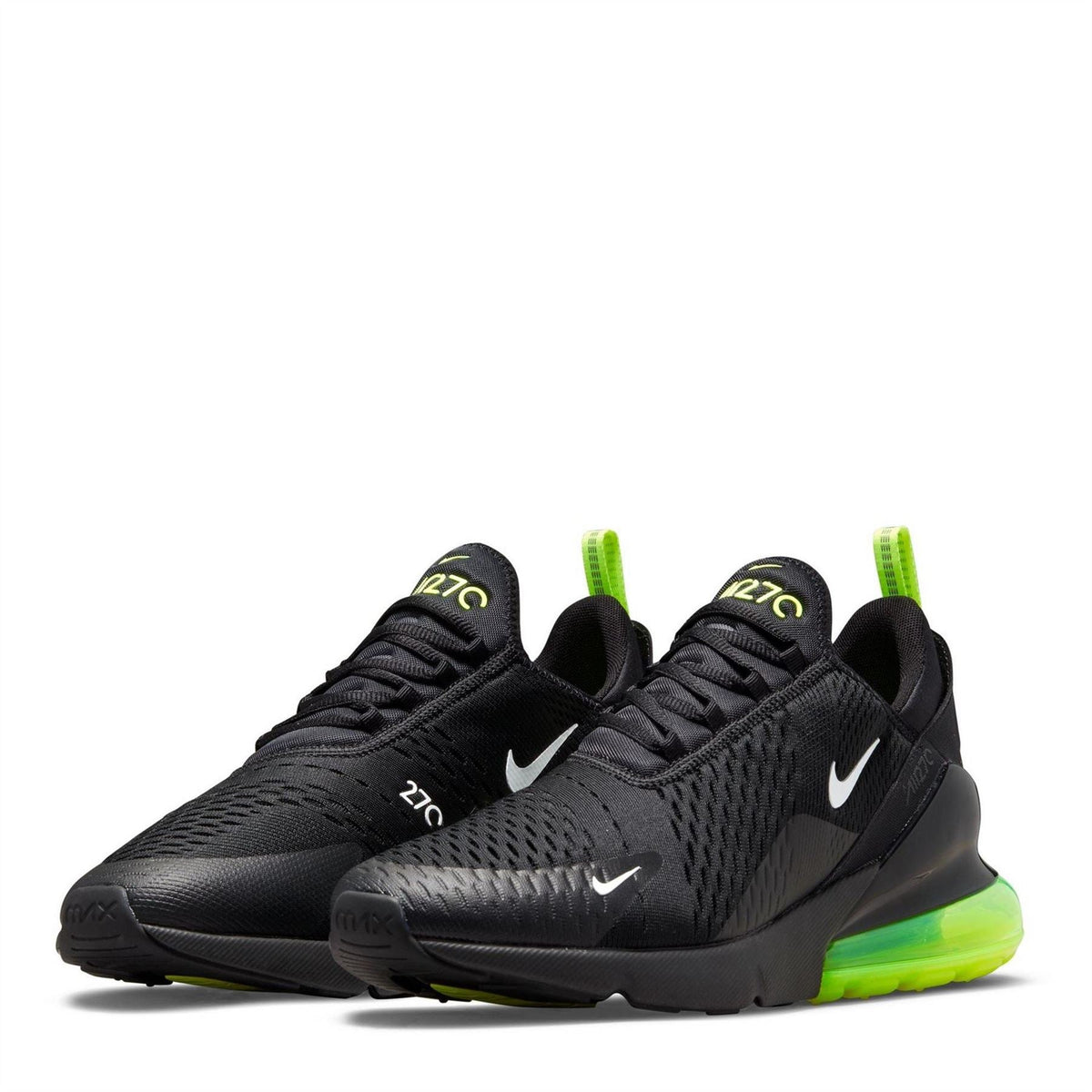 Nike Air Max 270 trainers, black upper with neon green sole and heel accents
