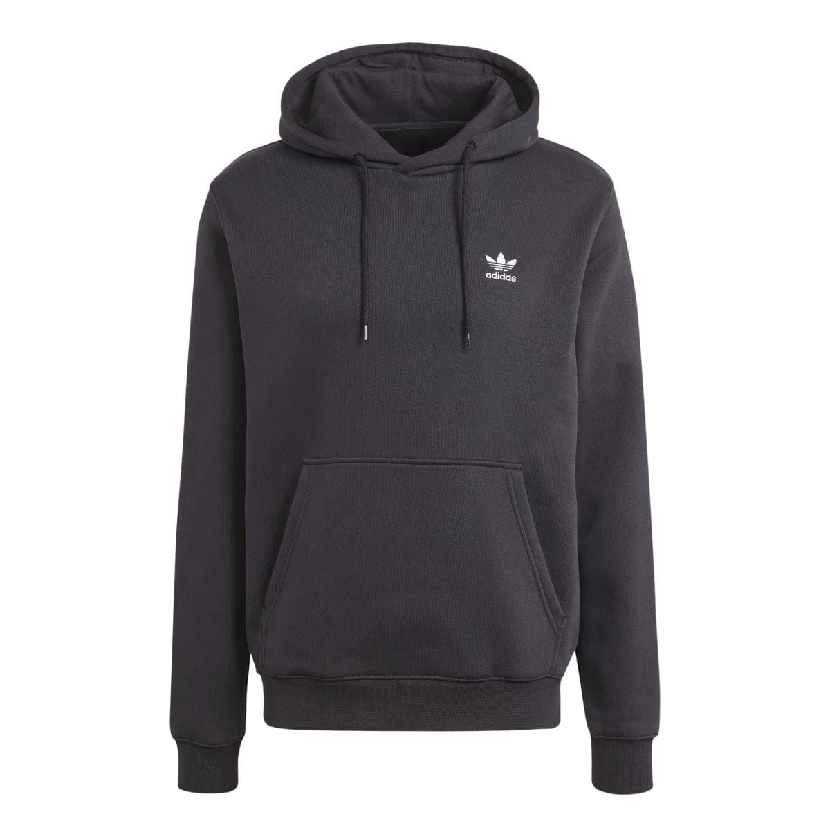 Black adidas hoodie front view with Trefoil logo on chest, hood and drawstring
