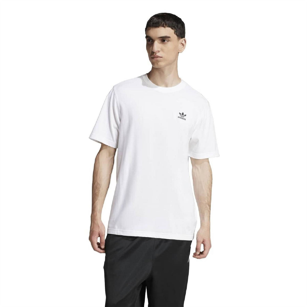 White crew-neck adidas trefoil essentials T-shirt on model, short sleeves