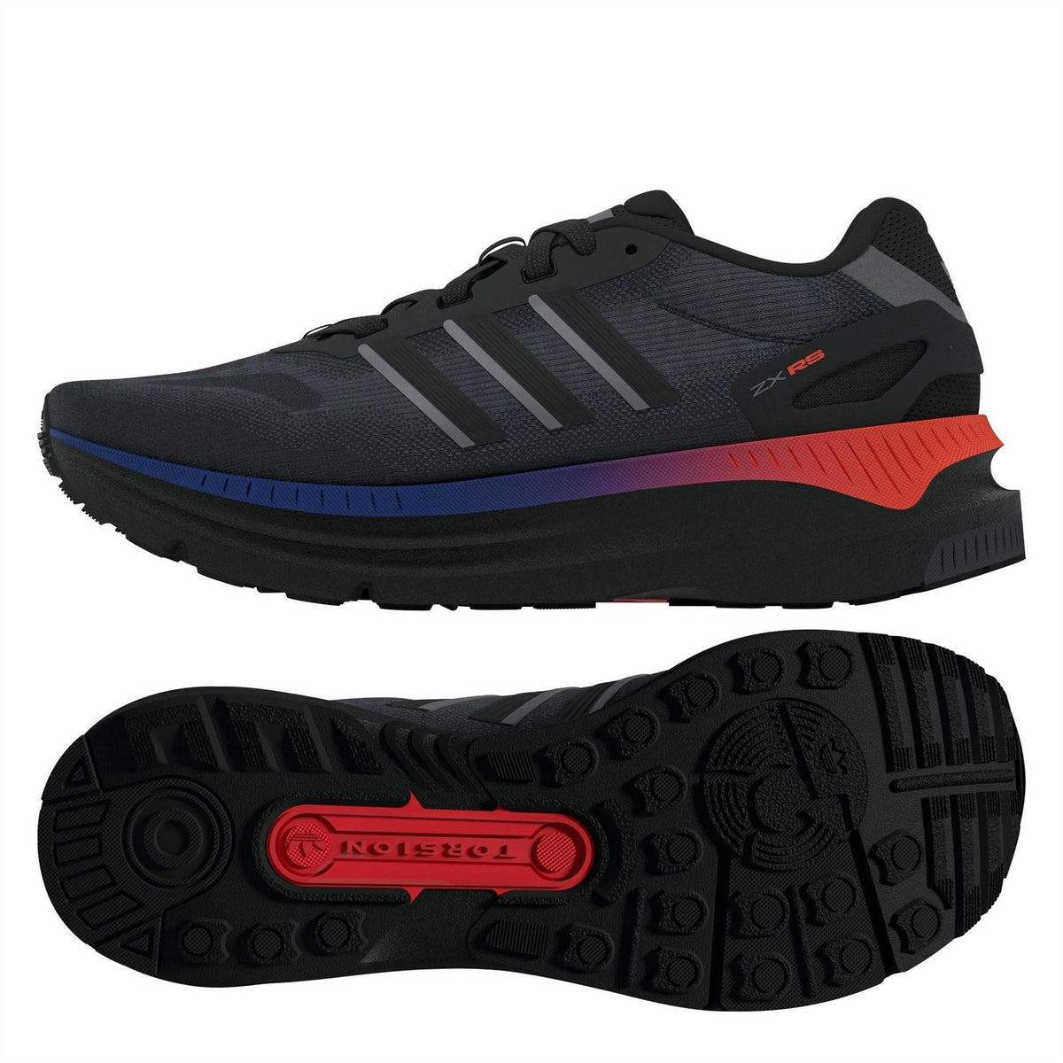 Black lace-up sneaker with 3 stripes, breathable upper, blue/purple and red sole