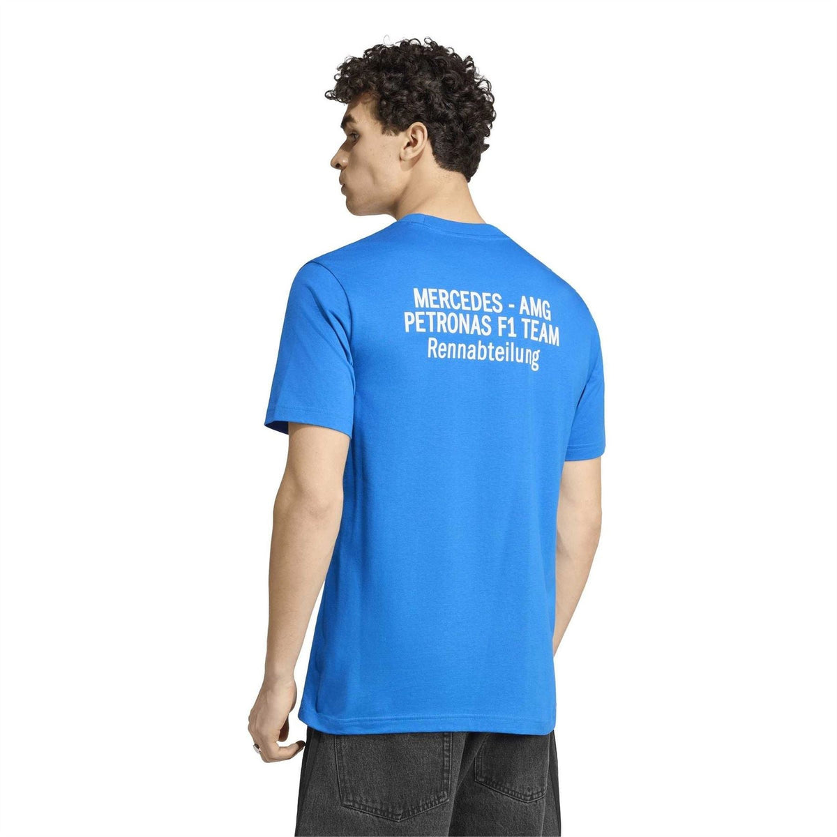 Blue crew-neck T-shirt with MERCEDES-AMG PETRONAS F1 TEAM Rennabteilung text on back