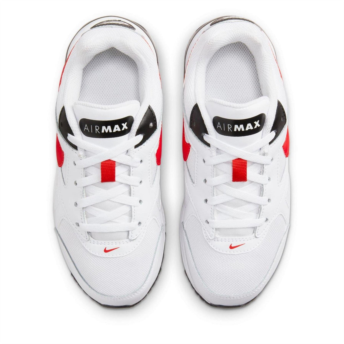 White lace-up trainers with AIRMAX tongue label and red accents
