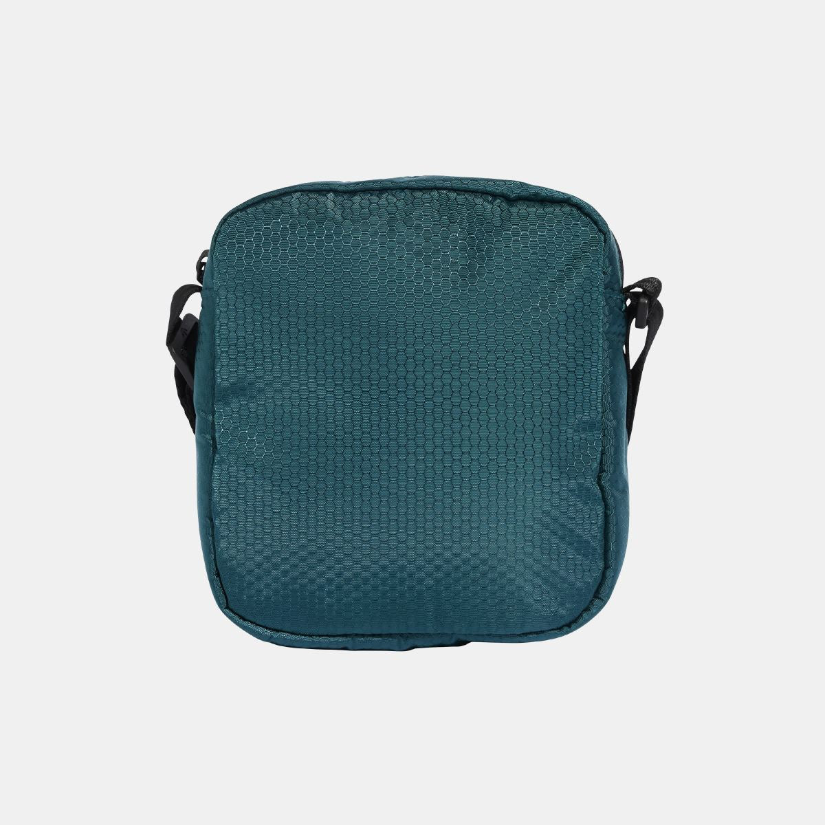 Teal small item bag with black trim and side straps; back view