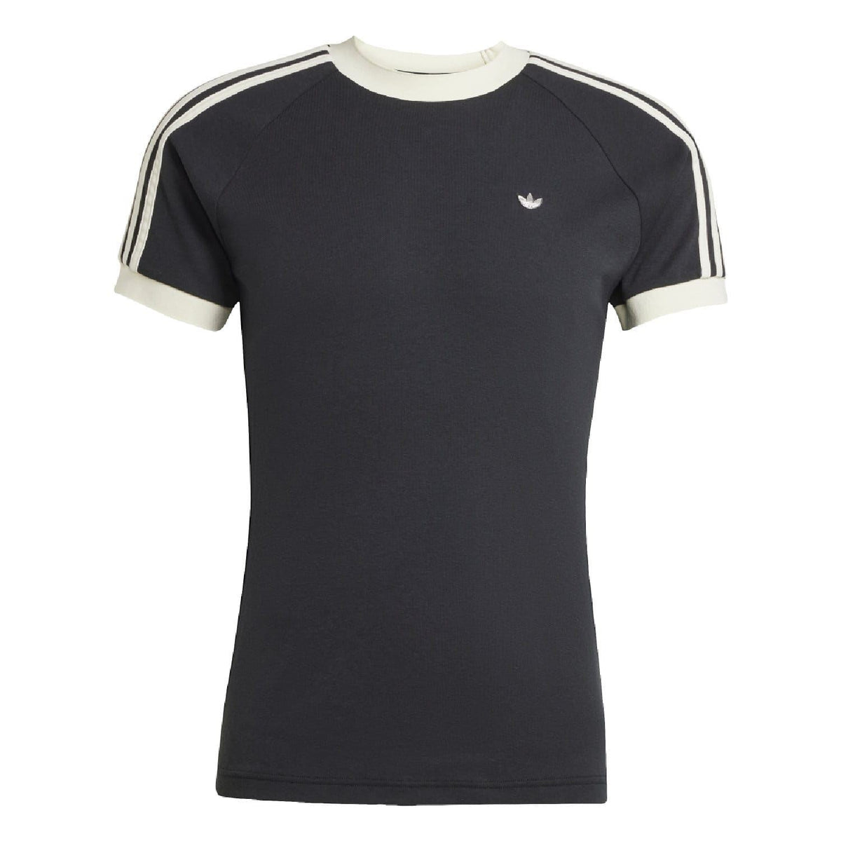 Black adidas Originals T-shirt with small trefoil logo and contrast-striped collar cuffs