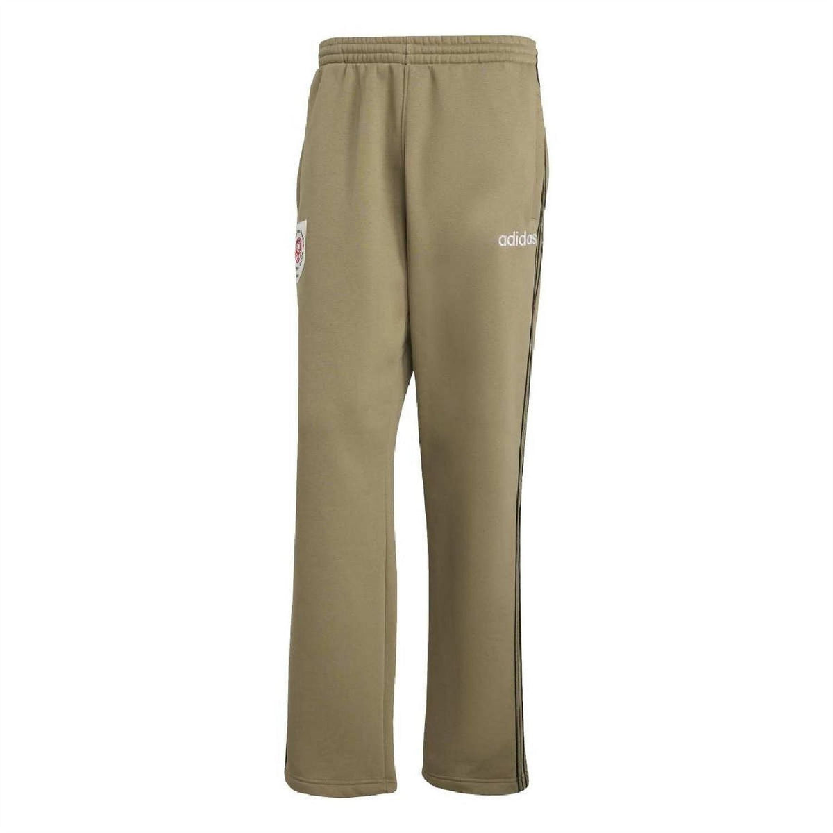 Olive-green joggers with elastic waistband and three dark side stripe bands