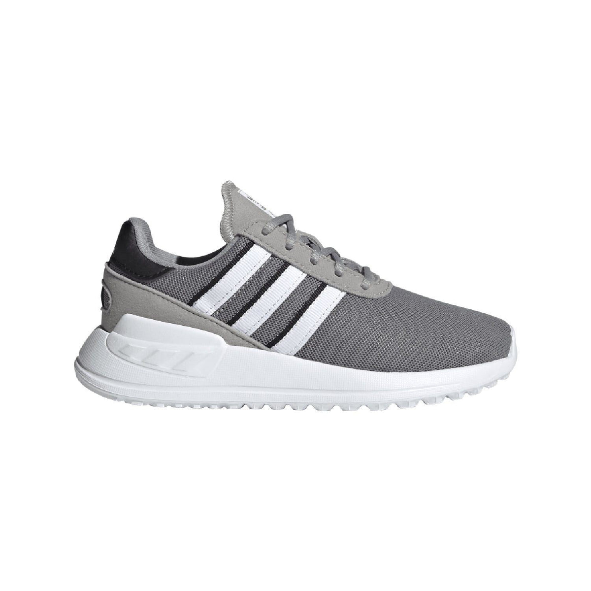 Grey kids lace-up trainer with white adidas stripes and cushioned white rubber sole