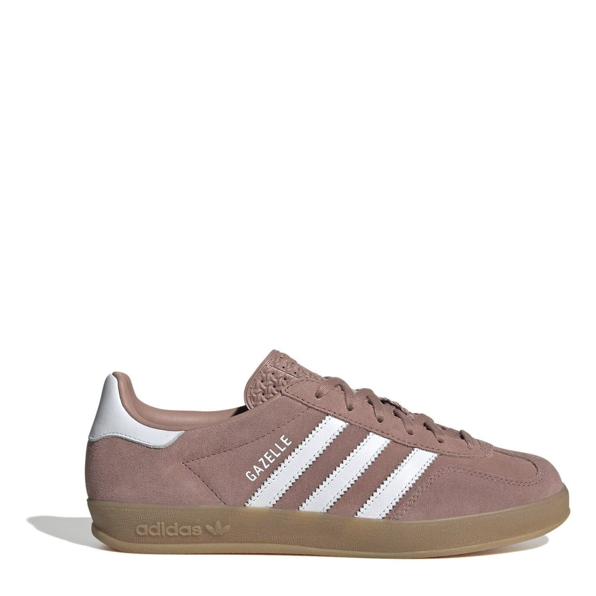 adidas Originals low-top Gazelle trainers, mauve suede with white stripes and gum sole