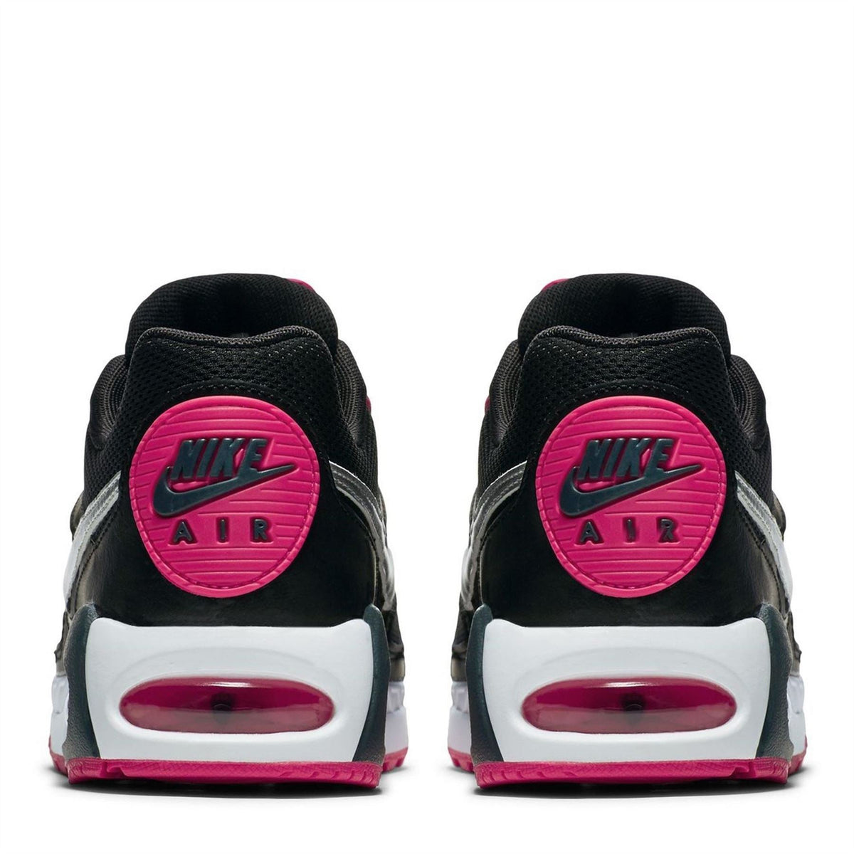 Women's black Air Max sneakers, rear view with pink Nike Air logo and heel unit