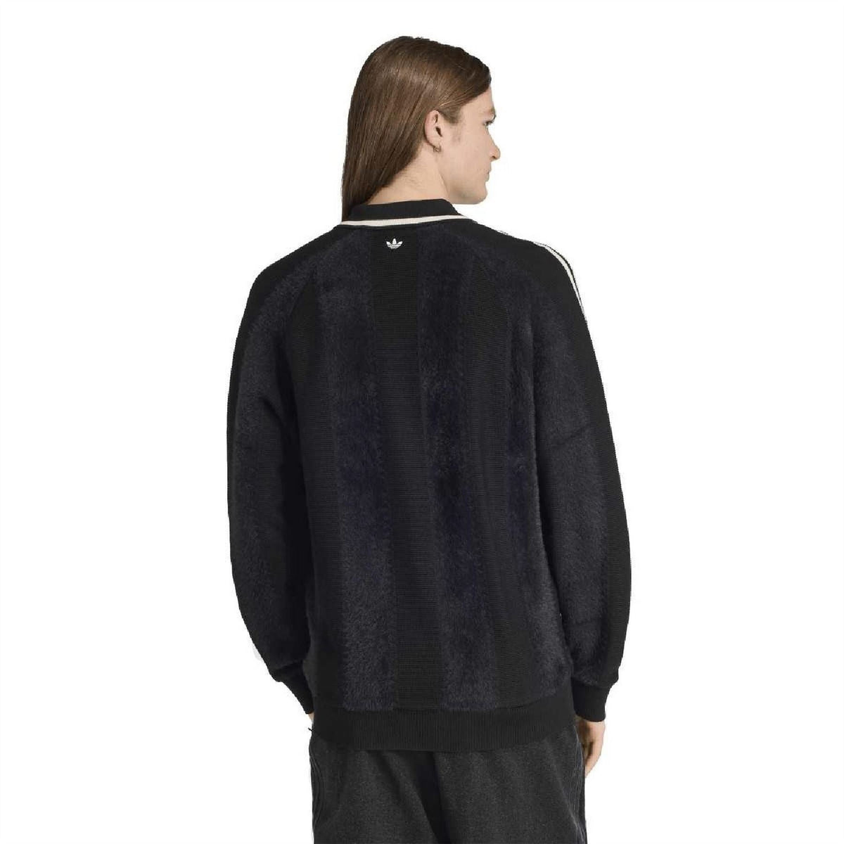 Back view of dark collared raglan sweater with white side stripe bands on sleeves