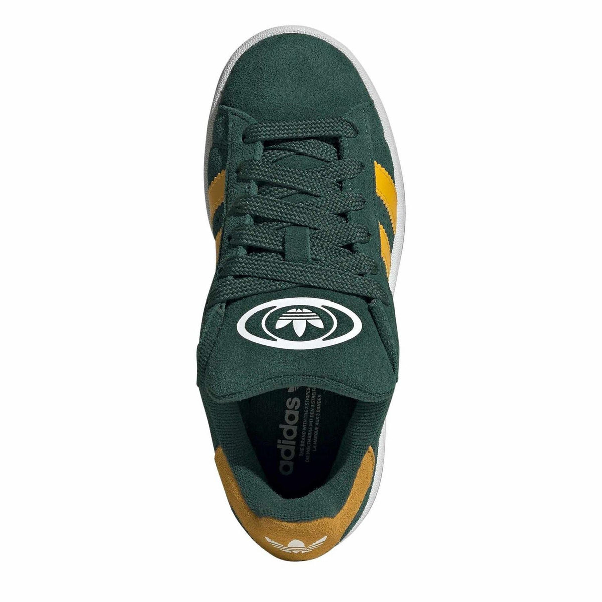 Green Campus sneakers showing inner lining with adidas logo and yellow side panels