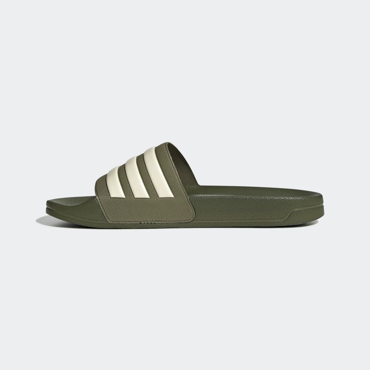 Olive Adidas slide sandals, open-toe with three white stripes on the upper